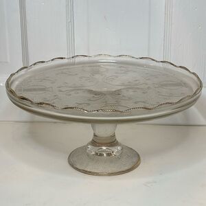 Vintage 1950s Jeanette Clear Depression Glass Harp Design Pedestal Cake Stand